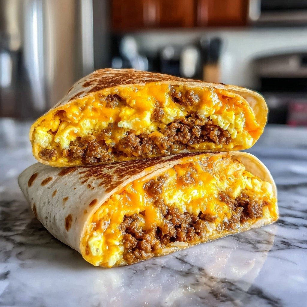 This image shows a breakfast burrito cut in half and stacked on top of each other on a white marbled surface. Each half reveals three main layers inside: the outer soft, slightly toasted flour tortilla layer with light golden brown spots, a middle layer of bright yellow scrambled eggs with a soft and fluffy texture, and an inner layer of crumbled, browned sausage mixed with melted, vibrant orange cheddar cheese that looks creamy and rich. The background is slightly blurred with a kitchen setting visible. Photo taken with an iphone --ar 1:1 --v 7 — Freezer Breakfast Burritos, homemade breakfast burritos, make-ahead breakfast recipes, easy breakfast ideas, freezer-friendly breakfast ideas