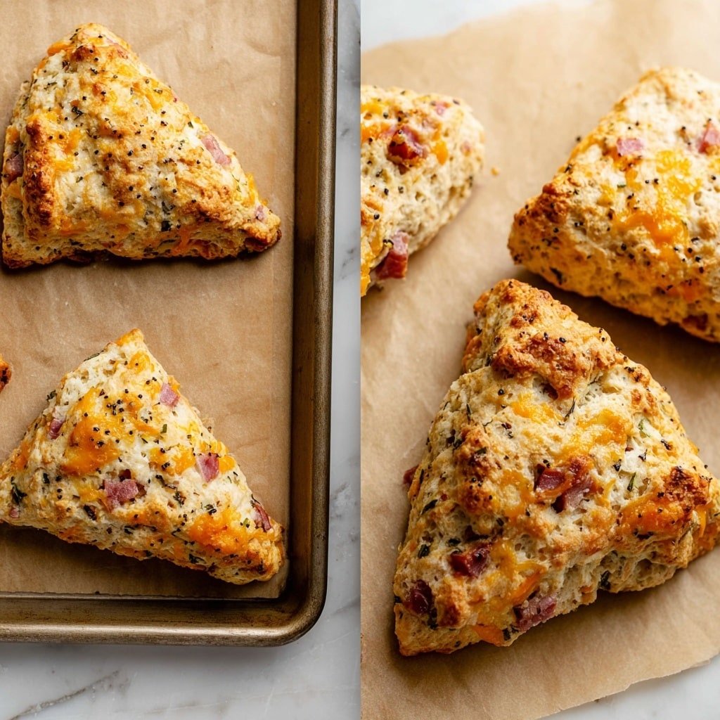 The image shows four triangular scones on a baking sheet lined with brown parchment paper, placed on a white marbled surface. Each scone has a rough texture with visible pieces of orange cheddar cheese and flecks of green herbs mixed in, along with small bits of ham adding a pinkish hue. The scones look thick and slightly uneven with a golden-brown baked color on the edges, topped with some cracked black pepper. The close-up side shows the crusty and flaky texture on the scones, highlighting their layered dough with cheese melted in parts. Photo taken with an iphone --ar 1:1 --v 7 — Cheddar Ham Scones, savory scones with cheese and ham, easy breakfast scones, flaky cheddar scones recipe, hearty ham and cheese scones