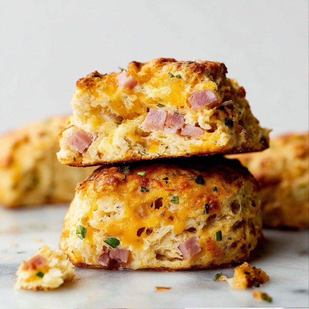 The image shows a close-up of two golden-brown savory scones stacked on a white marbled surface. The top scone is broken in half, revealing a soft, fluffy inside with visible layers and small pieces of pink ham and green herbs scattered throughout. The scones have a slightly crispy, textured crust with hints of melted cheese that add a touch of orange color. Some crumbs and small bits of ham and herbs are scattered around the scones, enhancing the homemade feel. photo taken with an iphone --ar 1:1 --v 7 — Cheddar Ham Scones, savory scones with cheese and ham, easy breakfast scones, flaky cheddar scones recipe, hearty ham and cheese scones