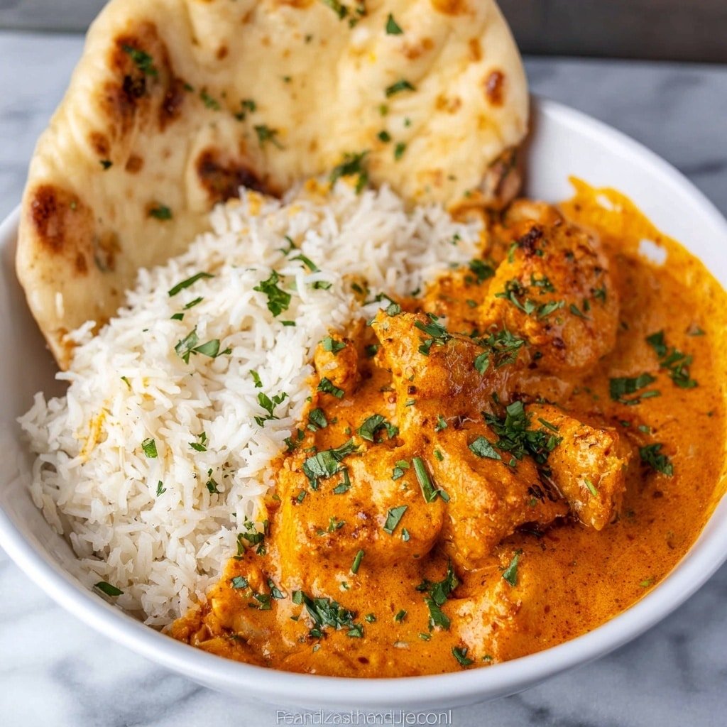 A white bowl holds three main parts: on the left, a layer of fluffy white rice with visible grains; on the right side, orange creamy curry sauce with chunks of chicken, topped with small green cilantro pieces; behind the curry and rice, a folded piece of naan bread with light golden brown spots. The bowl sits on a white marbled surface. photo taken with an iphone --ar 1:1 --v 7 — Creamy Butter Chicken, easy butter chicken recipe, homemade butter chicken, rich butter chicken sauce, Indian buttery chicken dish