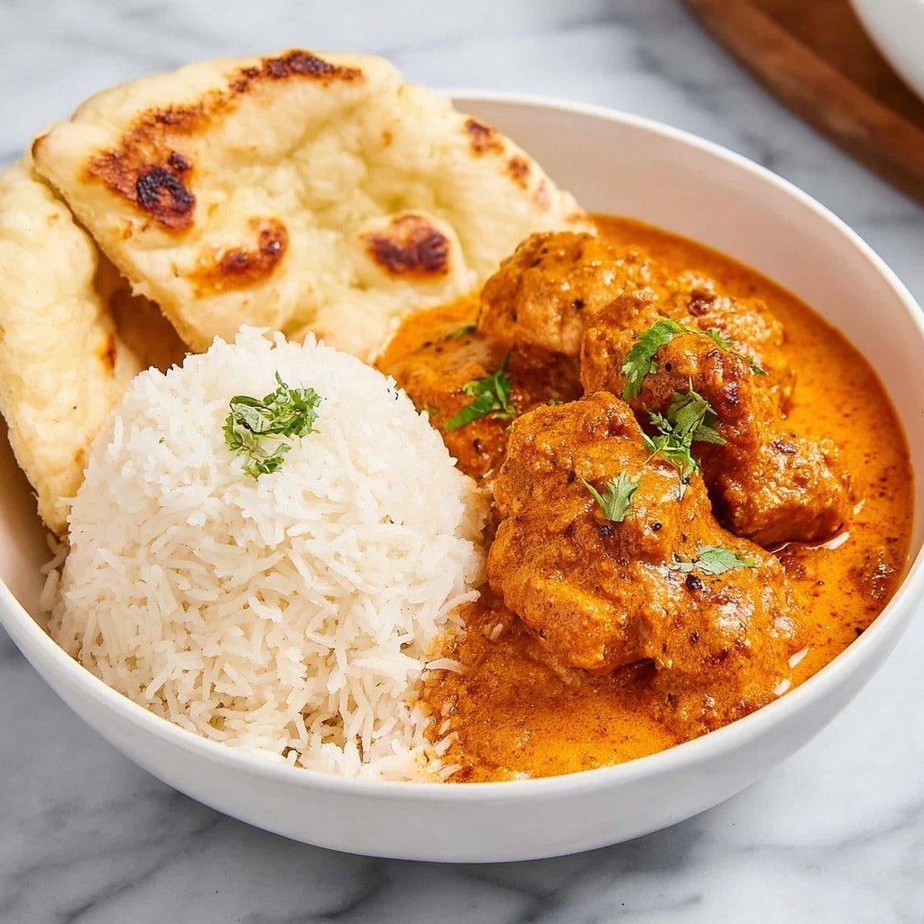 A white bowl holds three parts: on the left is a mound of fluffy white rice with long grains, on the right is a thick orange sauce with chunky pieces of meat, garnished with small green herb leaves, and behind both is a piece of soft, light tan bread with brown toasted spots, slightly folded and resting against the bowl's edge; the bowl sits on a white marbled surface. photo taken with an iphone --ar 1:1 --v 7 — Creamy Butter Chicken, easy butter chicken recipe, homemade butter chicken, rich butter chicken sauce, Indian buttery chicken dish