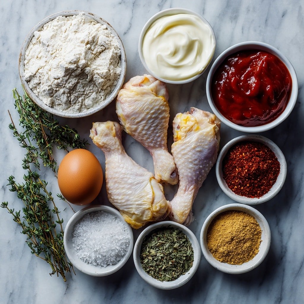 Flat lay of fresh raw chicken drumsticks arranged symmetrically, a small white bowl of plain all-purpose flour, a small white bowl filled with vibrant red hot sauce, one whole uncracked brown egg, a small white bowl of creamy buttermilk, four small piles of dried herbs and spices including green thyme sprigs, dried basil leaves, a small heap of oregano, and a scattering of marjoram, a small white bowl containing reddish paprika powder, a small white bowl with fine white ground mustard powder, a small white bowl with ground ginger powder, a small white bowl holding white pepper powder, a small white bowl with black pepper powder, a small white bowl with coarse celery salt crystals — all displayed on a simple white ceramic surface in perfect symmetry, natural textures clearly visible, no packaging or utensils visible placed on a clean white marble surface, soft natural light, photo taken with an iPhone, professional food photography style, fresh ingredients, white ceramic bowls, no bottles, no duplicates, no utensils, no packaging --ar 1:1 --v 7 --p m7354639359234015250 — Air Fryer KFC-Inspired Buttermilk Chicken Drumsticks, crispy chicken, air fryer chicken recipe, baked chicken drumsticks, Southern-style chicken