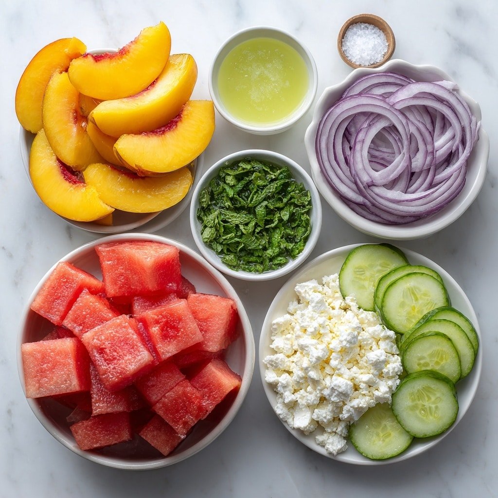 Flat lay of cubed bright red watermelon, two ripe peaches sliced into crescent shapes showing vibrant orange flesh, a small white ceramic bowl of chopped fresh green mint leaves, a small white bowl with pale green lime juice, a small white bowl of coarse sea salt crystals, a small white dish with crumbled white feta cheese, thinly sliced rings of deep purple-red onion arranged neatly on a white ceramic plate, and thin pale green cucumber slices displayed on a white ceramic dish, all arranged with perfect symmetry and realistic proportions, placed on a clean white marble surface, soft natural light, photo taken with an iPhone, professional food photography style, fresh ingredients, white ceramic bowls, no bottles, no duplicates, no utensils, no packaging --ar 1:1 --v 7 --p m7354639359234015250 — Refreshing Peach Watermelon Salad, summer fruit salad, healthy fruit salad, quick watermelon salad, easy summer salad