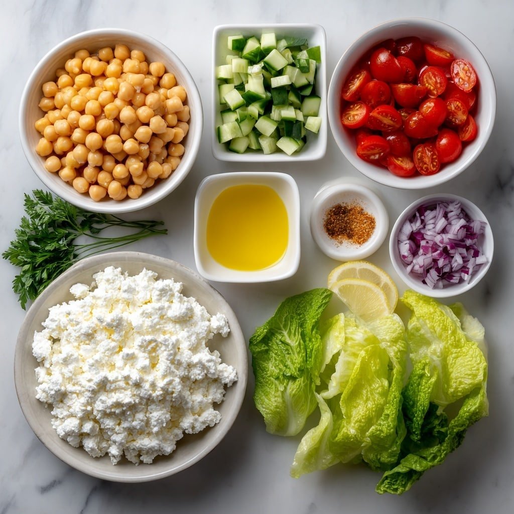 Flat lay of a small mound of fresh white cottage cheese on a simple white ceramic plate, a small white bowl filled with plump beige chickpeas, a handful of bright red cherry tomatoes halved and arranged on a white dish, diced vibrant green cucumber pieces on a white square dish, finely chopped deep purple-red onion scattered elegantly on a white plate, a few sprigs of fresh bright green parsley loosely gathered on a white dish, a small white bowl containing clear pale yellow lemon juice, a small white bowl with golden olive oil, a small pile of light brown ground cumin powder on a white plate, a pinch of coarse salt crystals and black peppercorns neatly placed on a white dish, and fresh green lettuce leaves fanned out on a white plate, all arranged with perfect symmetry and balanced proportions, placed on a clean white marble surface, soft natural light, photo taken with an iPhone, professional food photography style, fresh ingredients, white ceramic bowls, no bottles, no duplicates, no utensils, no packaging --ar 1:1 --v 7 --p m7354639359234015250 — Healthy Cottage Cheese and Chickpeas Salad, nutritious chickpea salad, quick healthy salad, protein-packed vegetarian salad, easy cottage cheese salad