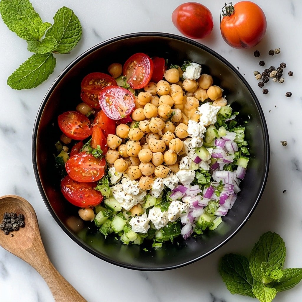 A dark bowl sits on a white marbled surface filled with a chickpea salad that has visible layers including round light tan chickpeas, bright red halved cherry tomatoes, small white chunks of feta cheese sprinkled with black pepper, chopped green cucumbers, bits of leafy green herbs, and slices of purple onion on the side. Around the bowl are green mint leaves and whole black peppercorns, with a wooden spoon partially in view, creating a fresh and colorful mix. Photo taken with an iphone --ar 1:1 --v 7 — Healthy Cottage Cheese and Chickpeas Salad, nutritious chickpea salad, quick healthy salad, protein-packed vegetarian salad, easy cottage cheese salad