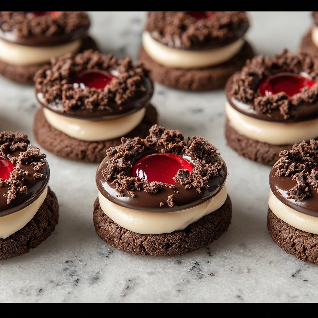 The image shows multiple three-layer chocolate cookies arranged on a white marbled surface. Each cookie has a dark brown chocolate base layer with a soft texture, topped by a thick swirl of smooth white cream in the middle. The top layer features a dark chocolate ring with a shiny texture surrounding a glossy red jelly center. The chocolate ring is sprinkled with crumbled chocolate bits, adding a rough texture contrast to the shiny surface below. photo taken with an iphone --ar 1:1 --v 7 — Black Forest Cherry Cookies, chocolate cherry cookies, easy cherry cookie recipes, buttery cherry-filled cookies, homemade Black Forest treats