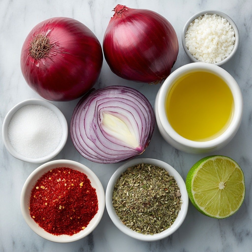 Flat lay of two whole red onions, four fresh habanero peppers with seeds removed, a small white ceramic bowl of hot water, a small white bowl of granulated sugar, a small white bowl of kosher salt, a small white bowl of clear white distilled vinegar, a small white bowl of fresh lime juice, a small white bowl of dried Mexican oregano, and a small white bowl of ground black pepper, all arranged with perfect symmetry and balanced proportions, placed on a clean white marble surface, soft natural light, photo taken with an iPhone, professional food photography style, fresh ingredients, white ceramic bowls, no bottles, no duplicates, no utensils, no packaging --ar 1:1 --v 7 --p m7354639359234015250 — Spicy Pickled Red Onions, pickled onions recipe, homemade pickled red onions, spicy onion condiment, quick pickled onions
