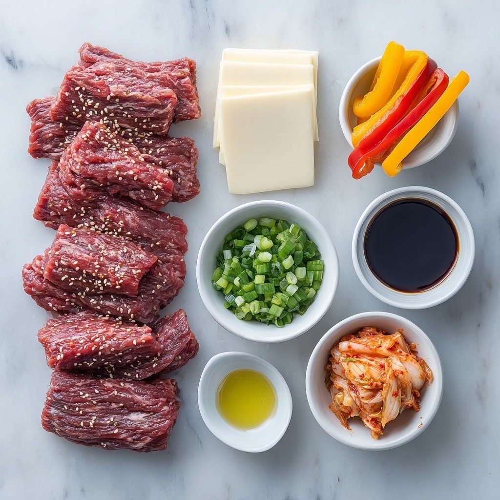 Flat lay of thinly sliced raw beef sirloin arranged neatly, a small white bowl of chopped vibrant red and orange kimchi, a medium yellow onion sliced into rings, a small pile of sliced colorful bell peppers (red, yellow, and green), four slices of creamy white provolone cheese stacked slightly overlapping, a small white bowl filled with dark soy sauce, a small white bowl with golden sesame oil, a small white bowl containing light vegetable oil placed symmetrically, all ingredients fresh and natural, placed on a clean white marble surface, soft natural light, photo taken with an iPhone, professional food photography style, fresh ingredients, white ceramic bowls, no bottles, no duplicates, no utensils, no packaging --ar 1:1 --v 7 --p m7354639359234015250 — Korean Kimchi Bulgogi Cheesesteak, Korean beef sandwich, Kimchi cheesesteak recipe, Bulgogi-inspired cheesesteak, Korean barbecue sandwich