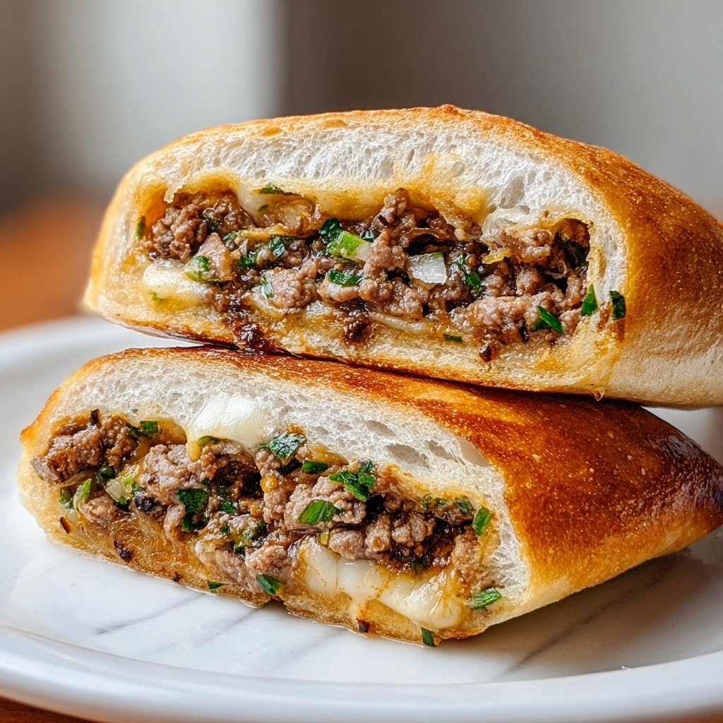 The image shows a sandwich cut in half, stacked one piece on top of the other on a white marbled surface. The sandwich has a golden-brown toasted crust with a soft, white inside bread layer. Inside, there are three filling layers: shredded brown cooked meat with some charred bits, an orange layer of thinly sliced carrots mixed with green leafy vegetables, and small bits of melted cheese that appear creamy and slightly stringy. The sandwich looks thick and filled, with a juicy, textured meat layer and fresh vegetable accents inside. photo taken with an iphone --ar 1:1 --v 7 — Korean Kimchi Bulgogi Cheesesteak, Korean beef sandwich, Kimchi cheesesteak recipe, Bulgogi-inspired cheesesteak, Korean barbecue sandwich