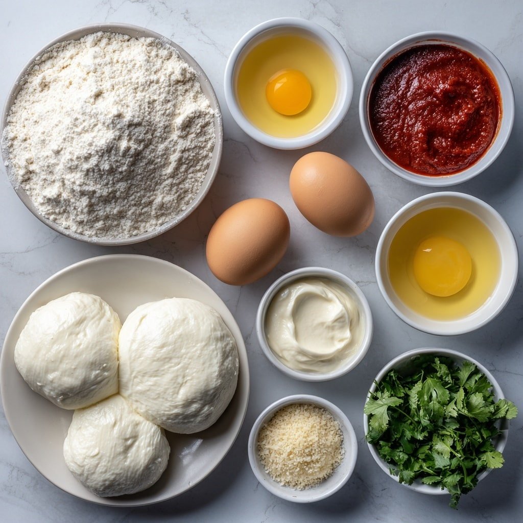 Flat lay of two large fresh burrata balls, a small mound of all-purpose flour on a simple white ceramic plate, two whole uncracked brown eggs, a small white bowl filled with panko breadcrumbs, a small white bowl with golden vegetable oil, a small white bowl of creamy mayonnaise, a small white bowl of bright red Sriracha sauce, a small white bowl of golden honey, a small white bowl with fresh lime juice, a single peeled garlic clove, a small bunch of fresh chopped cilantro arranged neatly, all placed symmetrically on a clean white marble surface, soft natural light, photo taken with an iPhone, professional food photography style, fresh ingredients, white ceramic bowls, no bottles, no duplicates, no utensils, no packaging --ar 1:1 --v 7 --p m7354639359234015250 — Fried Burrata with Spicy Sriracha Sauce, crispy burrata appetizer, cheesy fried cheese recipe, spicy cheese dip, easy gourmet appetizers