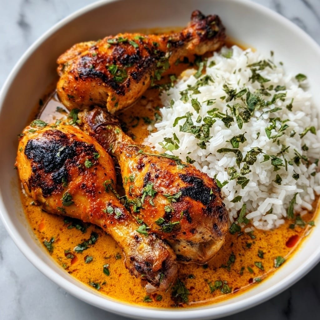 A white bowl holds three cooked drumsticks with a golden orange sauce that has darker charred spots on the chicken skin. The drumsticks are arranged side by side, resting slightly in the sauce that pools at the bottom of the bowl. Next to the drumsticks is a serving of white rice topped with small green herb leaves, which are also sprinkled over the drumsticks and sauce. The background is a white marbled texture. Photo taken with an iphone --ar 1:1 --v 7 — Creamy Paprika Chicken and Rice, paprika chicken recipe, comforting chicken and rice dish, easy creamy paprika chicken, flavorful chicken and rice
