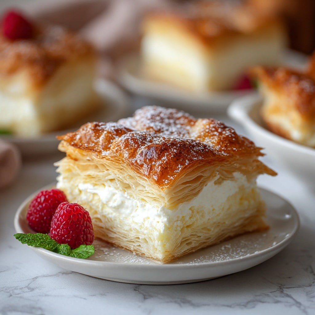 Two square layers of light golden puff pastry surround a thick, creamy white custard filling in this dessert stack. The top pastry layer is shiny and golden brown with a slightly crinkled texture, dusted lightly with powdered sugar. Red raspberries sit on top and around the base of the dessert on a white plate, adding a bright contrast. The plate rests on a white marbled surface, with a blurred background showing more raspberries and a small white bowl of cream. Photo taken with an iphone --ar 1:1 --v 7 — Cinnamon Cream Cheese Crescent Roll Casserole, breakfast casserole with cinnamon and cream cheese, easy brunch casserole, baked cinnamon crescent bake, comforting breakfast dish
