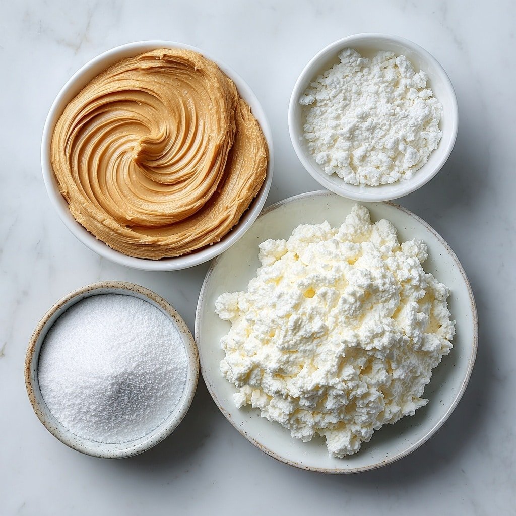 Flat lay of a smooth swirl of creamy peanut butter dolloped on a simple white ceramic plate, a round mound of softened cream cheese on a plain white ceramic dish, a small white bowl filled with fine white powdered sugar, a small white bowl holding fresh heavy cream, all arranged symmetrically with perfect proportions, placed on a clean white marble surface, soft natural light, photo taken with an iPhone, professional food photography style, fresh ingredients, white ceramic bowls, no bottles, no duplicates, no utensils, no packaging --ar 1:1 --v 7 --p m7354639359234015250 — Quick Peanut Butter Mousse, decadent peanut butter dessert, easy mousse recipe, no-bake peanut butter treat, quick dessert ideas