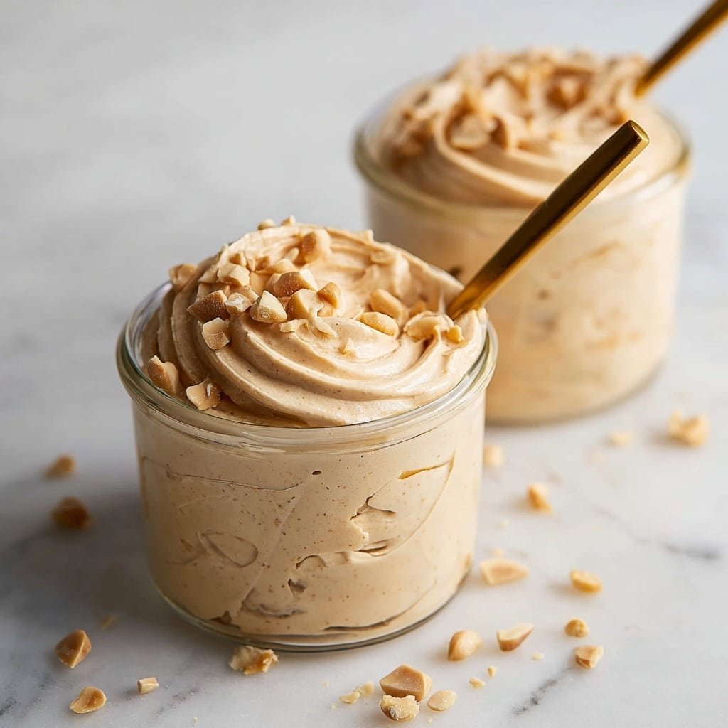 Two small clear glass jars filled with light tan creamy peanut butter mousse with a smooth and whipped texture. Each jar has a generous swirl on top, creating visible soft peaks and curves. The mousse is topped with small chunks of peanuts, adding a crunchy texture on top. The jars sit on a white marbled surface with some scattered peanut pieces around them. A gold spoon lies in front holding a small dollop of the mousse. The photo has a soft natural light with a simple and clean look. photo taken with an iphone --ar 1:1 --v 7 — Quick Peanut Butter Mousse, decadent peanut butter dessert, easy mousse recipe, no-bake peanut butter treat, quick dessert ideas