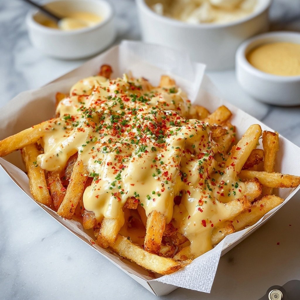 A serving of golden-brown French fries in a white paper-lined container sits on a white marbled surface. The fries are topped with a creamy pale yellow sauce that has a smooth texture, scattered with finely chopped green herbs and a dusting of reddish-orange spice. In the background, two white bowls hold extra sauce, one with a spoon inside. The overall look is bright and fresh with the sauce generously coated over the fries, highlighting their crisp edges. Photo taken with an iphone --ar 1:1 --v 7 — Louisiana Voodoo Fries, Voodoo Fries Copycat, spicy cheese fries recipe, game day snack ideas, Cajun-inspired fries
