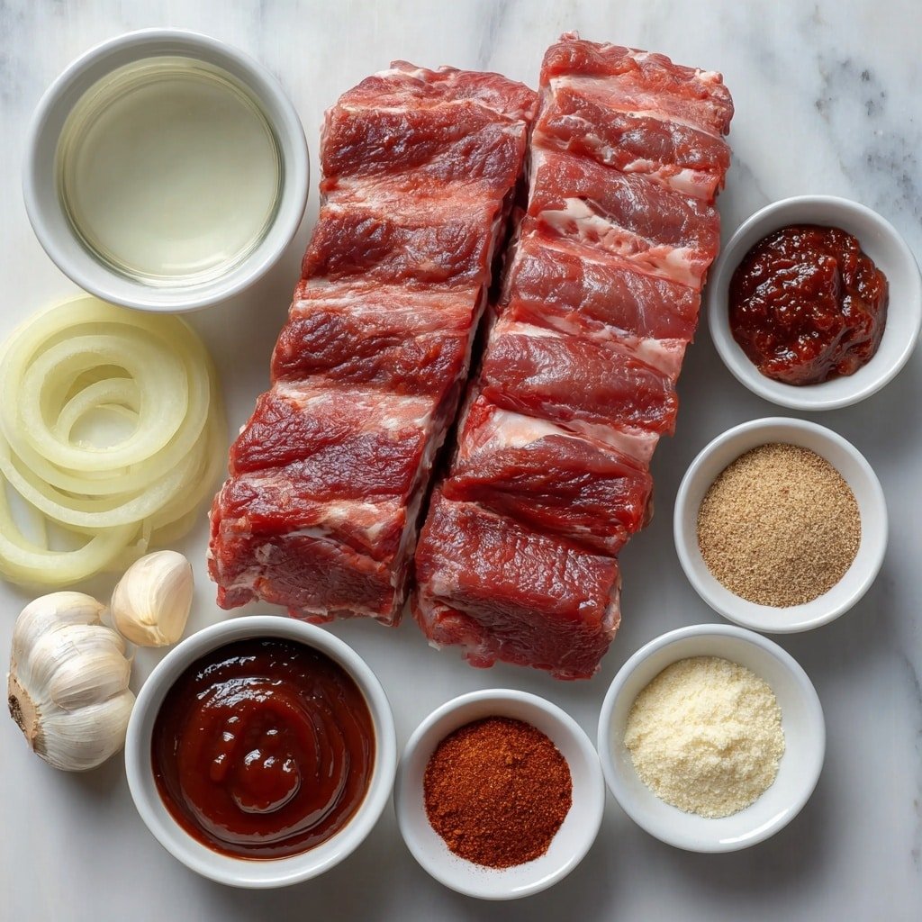 Flat lay of fresh raw baby back pork ribs with a perfectly meaty texture, half a yellow onion sliced into rings, two whole uncracked garlic cloves, a small white bowl filled with clear water, a small white bowl containing rich dark reddish-brown BBQ sauce, a small white bowl with golden brown granulated brown sugar, a small white bowl holding vibrant reddish smoked paprika powder, a small white bowl with deep red chili powder, a small white bowl with warm brown ground cumin, a small white bowl with fine off-white garlic powder, a small white bowl with pale beige onion powder, a small white bowl of coarse white kosher salt crystals, a small white bowl filled with freshly ground black pepper, all arranged symmetrically on a simple white ceramic surface, placed on a clean white marble surface, soft natural light, photo taken with an iPhone, professional food photography style, fresh ingredients, white ceramic bowls, no bottles, no duplicates, no utensils, no packaging --ar 1:1 --v 7 --p m7354639359234015250 — Slow Cooker BBQ Baby Back Ribs, easy rib recipes, tender pork ribs, smoky barbecue ribs, slow cooker dinner ideas