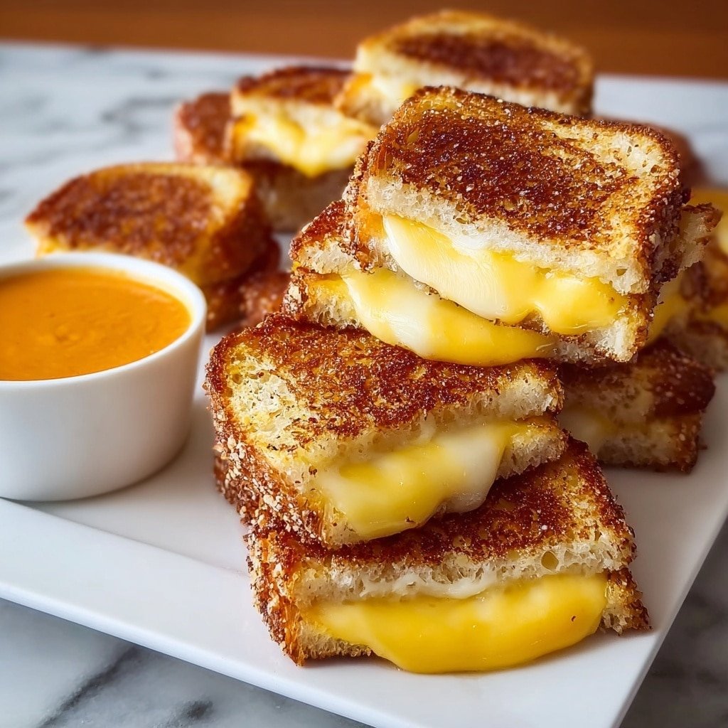 The image shows a white square plate filled with small grilled cheese sandwich pieces stacked in two layers. Each sandwich piece has two slices of bread, toasted to a deep golden-brown color with a speckled texture on top, and a thick, melted layer of yellow cheese between the slices that oozes slightly out of the bread edges. In the background, there is a small white bowl filled with a smooth orange dipping sauce. The plate sits on a white marbled surface, and the lighting emphasizes the warm toasted texture and creamy cheese inside the sandwiches. photo taken with an iphone --ar 1:1 --v 7 — Mini Grilled Cheese Hawaiian Rolls, Hawaiian Rolls appetizer recipes, easy cheesy snacks, stuffed Hawaiian rolls, cheesy bread bites
