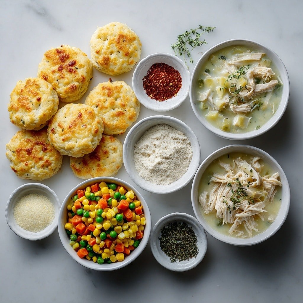 Flat lay of flaky golden biscuit dough rounds, shredded cooked chicken pieces, creamy white chicken soup in a small white bowl, a small white bowl of thawed vibrant mixed vegetables with carrots, peas, and corn, a small white bowl of coarse garlic powder, a small white bowl of fine onion powder, a small white bowl of dried green thyme leaves, small piles of coarse salt and black peppercorns, all arranged with perfect symmetry and balanced proportions on simple white ceramic bowls and plates, placed on a clean white marble surface, soft natural light, photo taken with an iPhone, professional food photography style, fresh ingredients, white ceramic bowls, no bottles, no duplicates, no utensils, no packaging --ar 1:1 --v 7 --p m7354639359234015250 — Easy Mini Chicken Pot Pies, mini chicken pot pie recipe, homemade chicken pot pie, individual chicken pot pie, quick comfort food