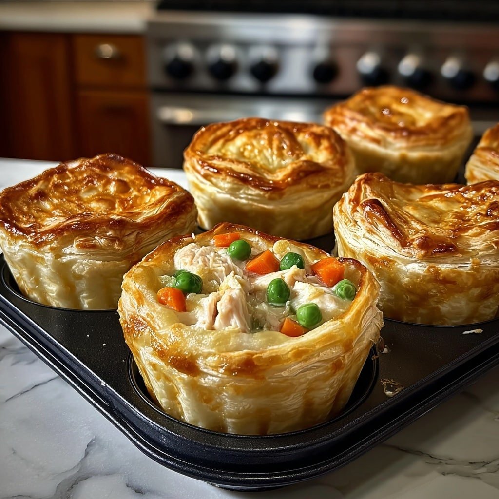 Six golden brown pot pies sit in a black muffin tray on a white marbled surface, each with a flaky, layered crust that rises above the edge of the cup shape. Two of the pies have an open top showing a creamy filling with light beige chicken pieces, bright green peas, and small orange carrot cubes. The crusts have a shiny, slightly browned texture with visible layers of puff pastry creating a soft, fluffy look. The background shows a blurred kitchen setting with a stove and wooden cabinets. Photo taken with an iphone --ar 1:1 --v 7 — Easy Mini Chicken Pot Pies, mini chicken pot pie recipe, homemade chicken pot pie, individual chicken pot pie, quick comfort food