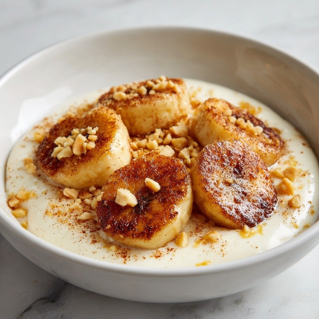 A white bowl filled with a creamy light beige base topped with several small, round pieces of golden-brown food sprinkled with a dusting of cinnamon. Scattered around these pieces on top are small pale yellow chunks of nuts. The bowl is sitting on a surface with a white marbled texture, and in the background, there is a stack of white bowls with more of the golden-brown pieces. The lighting highlights the texture and warm tones of the topping. Photo taken with an iphone --ar 1:1 --v 7 — Air Fryer Bananas with Cinnamon and Nutmeg, healthy banana dessert, easy air fryer fruit recipe, quick banana snack, cinnamon and nutmeg banana dish