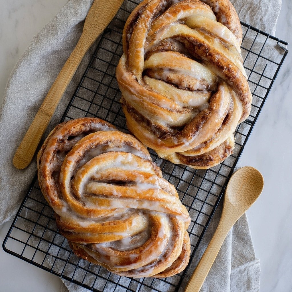 The image shows two twisted cinnamon rolls resting on a black wire cooling rack. Each roll has multiple swirled layers of soft dough in light tan and golden brown colors, with visible cinnamon filling creating darker brown streaks within the folds. A light glaze with a slightly shiny texture is spread unevenly over the top, especially pooling in the crevices of the twists. The cooling rack is placed on a white marbled surface with a folded light gray cloth and a wooden spoon positioned nearby. photo taken with an iphone --ar 1:1 --v 7 — Cinnamon Twist Bread, cinnamon swirl bread, homemade cinnamon bread, easy cinnamon bread recipe, comfort baking ideas