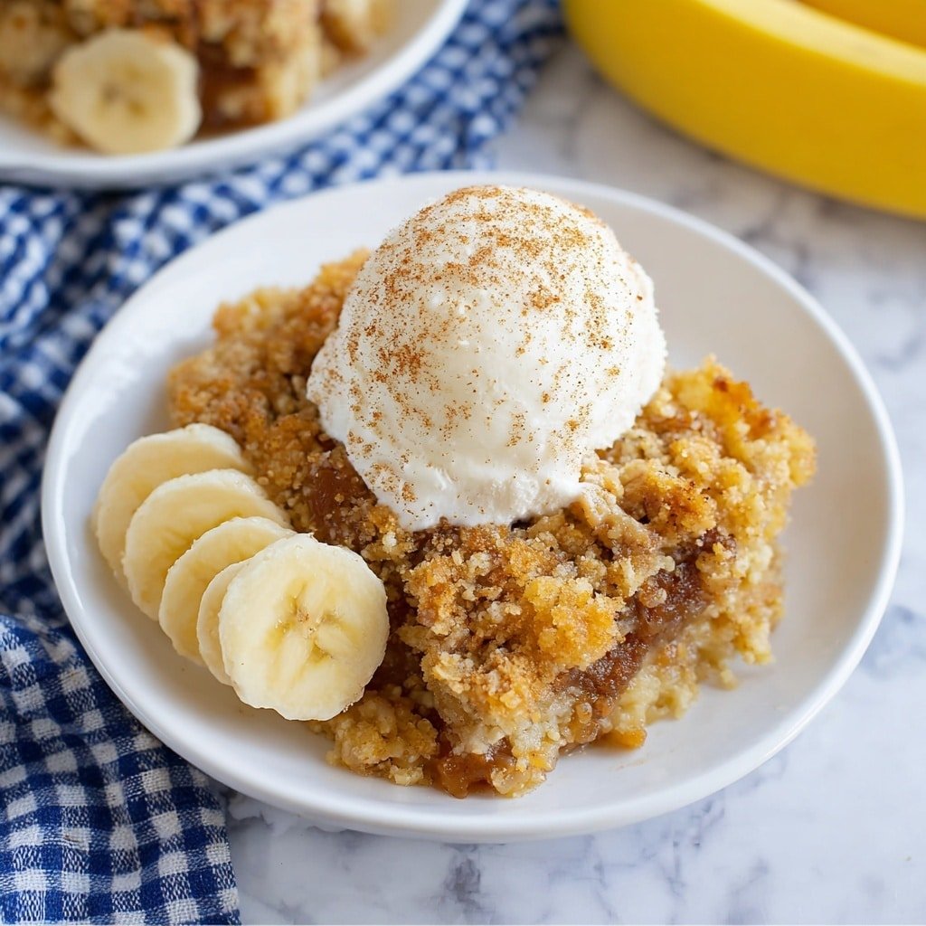 A white plate holds a serving of crumbly, golden brown banana bread pudding with visible chunks of banana mixed inside. On top, there is a scoop of creamy white vanilla ice cream sprinkled lightly with cinnamon. Around the edges of the plate, several banana slices add softness and a pale yellow color. The plate is set on a white marbled surface with a blurred blue and white cloth and a yellow banana in the background. photo taken with an iphone --ar 1:1 --v 7 — Banana Bread Cobbler with Butterscotch Chips, Banana bread dessert, Easy banana cobbler recipe, Rustic fruit cobbler, Comforting banana dessert