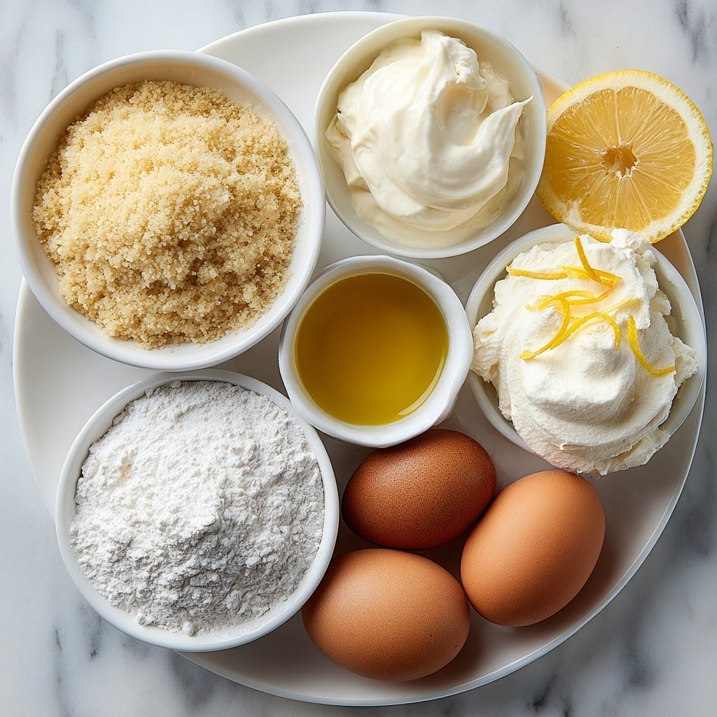Flat lay of a small mound of pale yellow unflavored gelatin powder, a few drops of clear cold water glistening in a small white ceramic bowl, a small white bowl filled with creamy whole milk, a small pile of sparkling white granulated sugar, a pinch of fine white salt crystals, three large brown eggs with smooth uncracked shells, a small heap of fine white cornstarch, a generous portion of fresh mascarpone cheese shaped in a smooth mound, a small white bowl of clear golden extra virgin olive oil, a fresh bright yellow lemon with a few thin strips of zest artfully placed nearby, a small white bowl holding pale vanilla extract liquid, a neat pile of all-purpose flour in soft white powder form, a small heap of baking powder, all purposely balanced and arranged on a simple clean white ceramic plate and bowls placed on a clean white marble surface, soft natural light, photo taken with an iPhone, professional food photography style, fresh ingredients, white ceramic bowls, no bottles, no duplicates, no utensils, no packaging --ar 1:1 --v 7 --p m7354639359234015250 — Lemon Mascarpone Olive Oil Cake, Lemon Olive Oil Cake Recipe, Mascarpone Lemon Cake, Fancy Olive Oil Cake, Easy Lemon Cake with Mascarpone