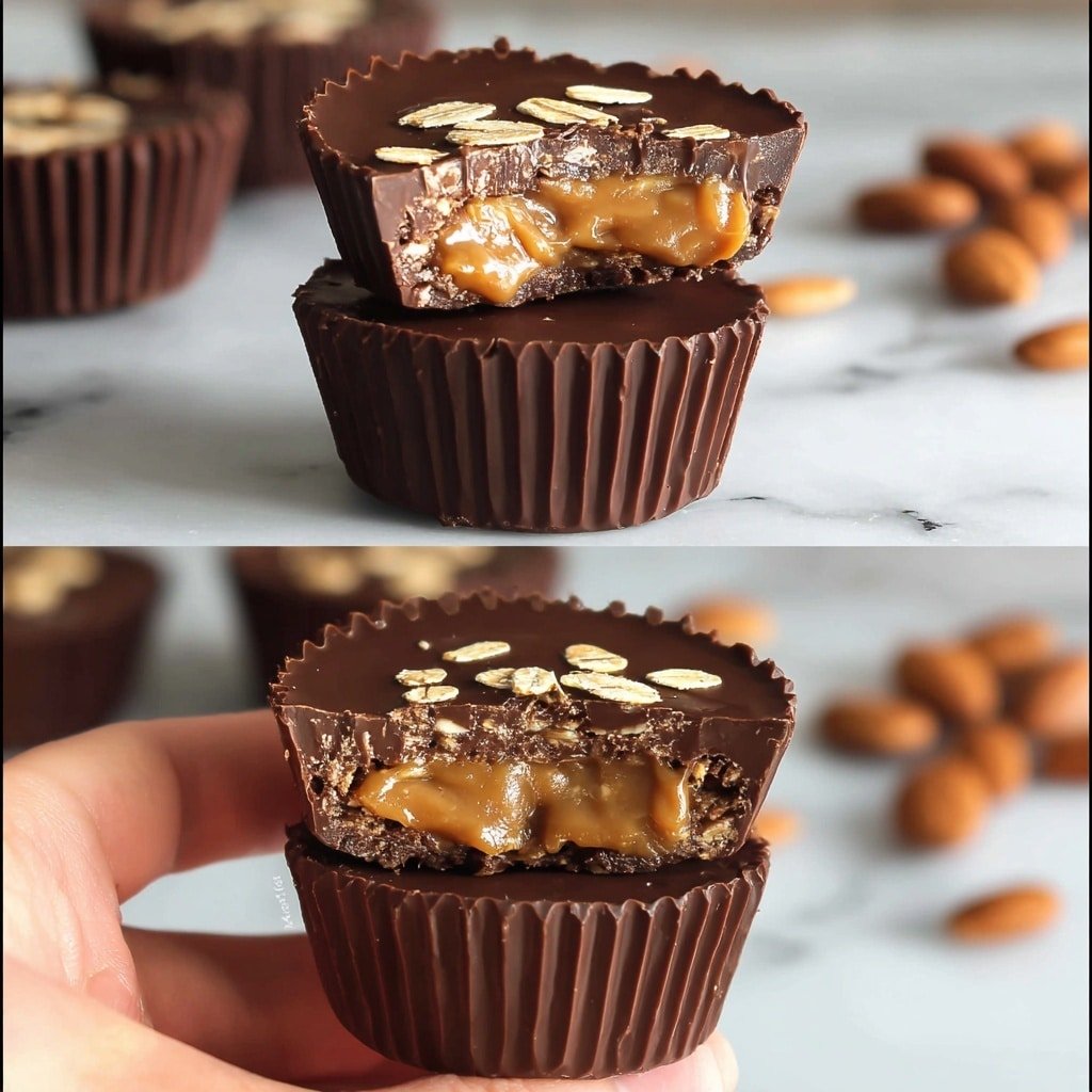 The image shows small chocolate cups stacked in two layers. The bottom layer is dark brown chocolate with a ridged edge, the middle layer is a smooth creamy light brown filling mixed with small oat pieces, and the top layer is a glossy chocolate layer sprinkled with oat flakes. The first image features two chocolate cups stacked on a white marbled surface, the top one filled with light brown peanut butter and oat pieces. The second image shows a woman's hand holding two stacked chocolate cups, with the top cup bitten to reveal the creamy oat filling inside. photo taken with an iphone --ar 1:1 --v 7 — No-Bake Peanut Butter Oat Cups, easy healthy snack, no-bake oat treats, peanut butter snacks, comforting oatmeal cups