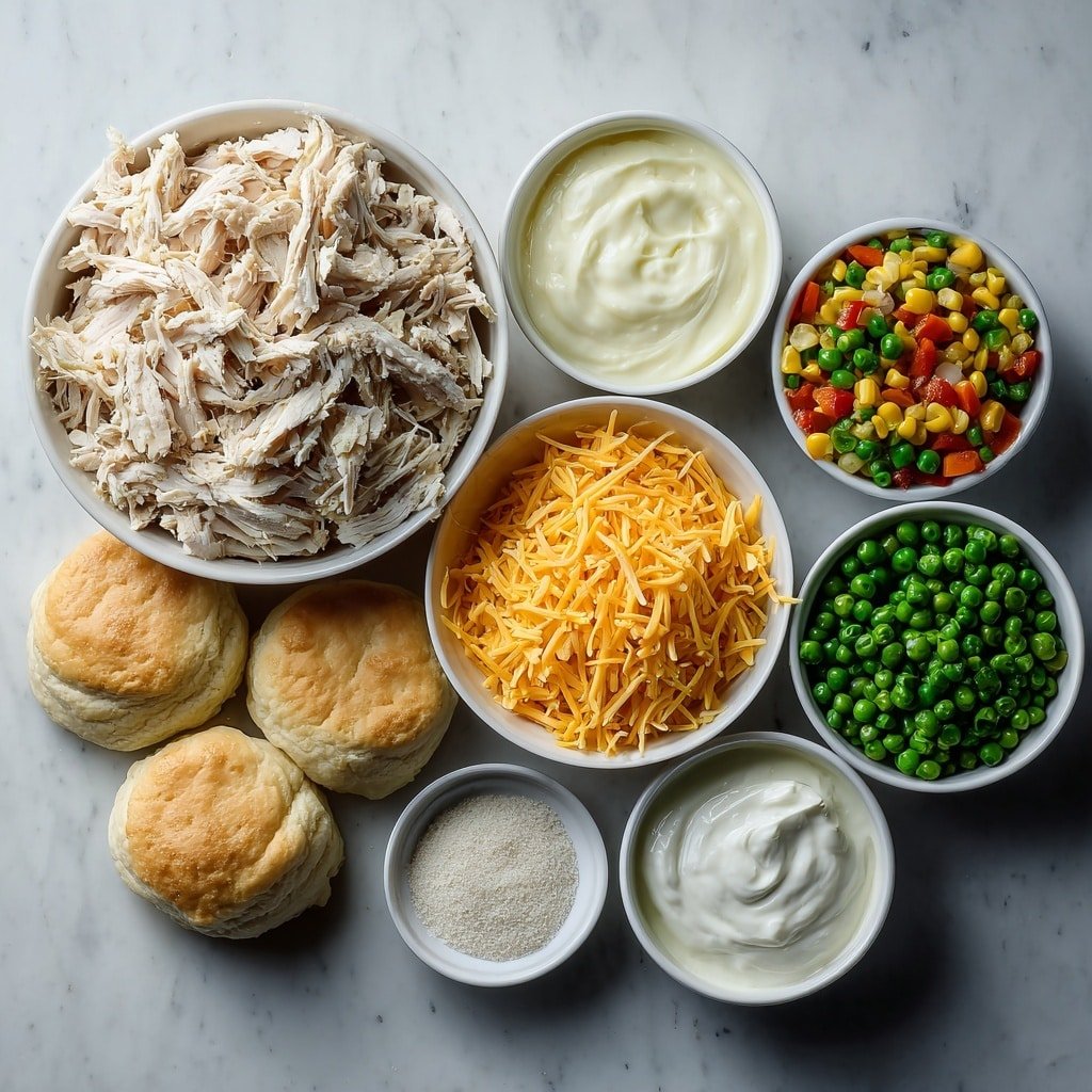 Flat lay of shredded cooked chicken piled neatly, a small white bowl of creamy sour cream, another small white bowl filled with shredded bright orange cheddar cheese, a small white bowl holding a smooth pale cream of chicken soup, a simple white bowl containing fresh mixed colorful vegetables (carrots, peas, corn, green beans), a small white bowl with fine white garlic powder, a small white bowl of light brown seasoned salt, and three whole uncracked refrigerated biscuit dough rounds arranged symmetrically, all placed on a clean white marble surface, soft natural light, photo taken with an iPhone, professional food photography style, fresh ingredients, white ceramic bowls, no bottles, no duplicates, no utensils, no packaging --ar 1:1 --v 7 --p m7354639359234015250 — Cheesy Chicken Pot Pie Bubble Up, comforting chicken casserole, easy pot pie bake, cheesy chicken comfort food, simple casserole recipes
