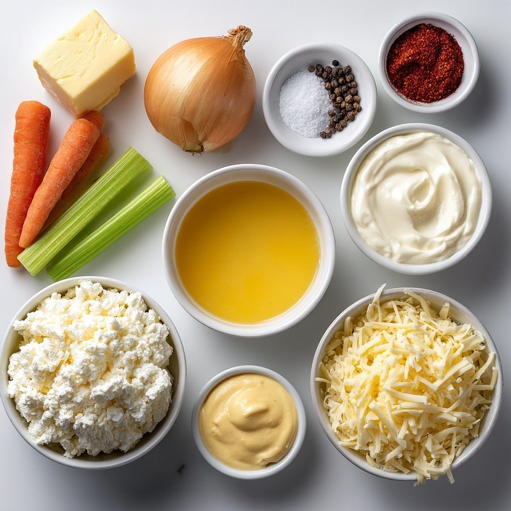 Flat lay of a small mound of unsalted butter, a whole small yellow onion with papery skin, two fresh orange carrots with green tops trimmed, two crisp light green celery ribs, a small white bowl of minced garlic, a small white bowl of bright red paprika powder, a small white bowl of coarse salt crystals, a small white bowl of black peppercorns, a simple white ceramic bowl filled with golden chicken broth, a small white bowl of thick heavy cream, a small white bowl containing smooth pale yellow Dijon mustard, a pile of cooked and cubed white chicken meat, a stack of pink cubed ham, a block of creamy white cream cheese with soft edges, a small pile of shredded Swiss cheese, and a few homemade toasted croutons scattered neatly— all arranged symmetrically and balanced on a clean white marble surface, soft natural light, photo taken with an iPhone, professional food photography style, fresh ingredients, white ceramic bowls, no bottles, no duplicates, no utensils, no packaging --ar 1:1 --v 7 --p m7354639359234015250 — Chicken Cordon Bleu Soup, Cozy Chicken Soup Recipe, Comforting Chicken Soup with Ham and Swiss, Easy Chicken Cordon Bleu Soup, Hearty Chicken and Cheese Soup