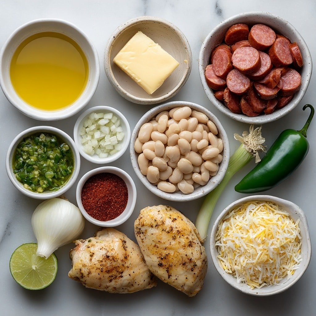 Flat lay of a small white ceramic bowl of golden oil, a neat pile of sliced andouille sausage, two plump raw chicken breasts, a small white bowl of reddish-brown Cajun seasoning powder, a pat of pale yellow butter, a small mound of diced white onions, diced celery stalks, diced green bell pepper pieces, one whole green jalapeño pepper, a few peeled garlic cloves, a small white bowl of ground cumin powder, a small white bowl of rich chicken broth, a white ceramic bowl filled with plump white beans, a small white bowl of vibrant green salsa verde, a small white bowl of smooth sour cream, a small white bowl of finely grated parmesan cheese, a halved lime with visible pulp, a few sprigs of fresh cilantro, and two whole green onions with long white bulbs and green tops arranged with perfect symmetry on a clean white marble surface, soft natural light, photo taken with an iPhone, professional food photography style, fresh ingredients, white ceramic bowls, no bottles, no duplicates, no utensils, no packaging --ar 1:1 --v 7 --p m7354639359234015250 — Cajun White Chicken Chili, Cajun chicken chili, easy white chicken chili, spicy chicken chili, comforting chicken chili recipe