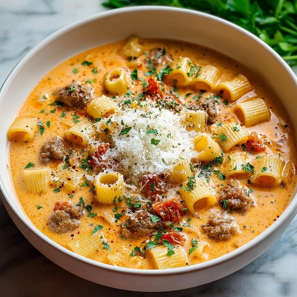 A white bowl filled with creamy soup that has three main layers—the bottom layer is a rich, orange cream base, the middle layer with small round pasta pieces of pale yellow color, and the top layer showing browned ground sausage chunks scattered over the pasta, sprinkled with small pieces of fresh green herbs and a pile of shredded white cheese at the center. The bowl sits on a dark wooden surface beside pieces of bread, with some fresh parsley in one corner. The liquid part looks smooth and thick, and the ingredients have a soft, tender texture. Photo taken with an iphone --ar 1:1 --v 7 — Creamy Italian Sausage Ditalini Soup, Italian sausage pasta soup, hearty sausage and pasta soup, comforting creamy Italian soup, easy weeknight Italian soup