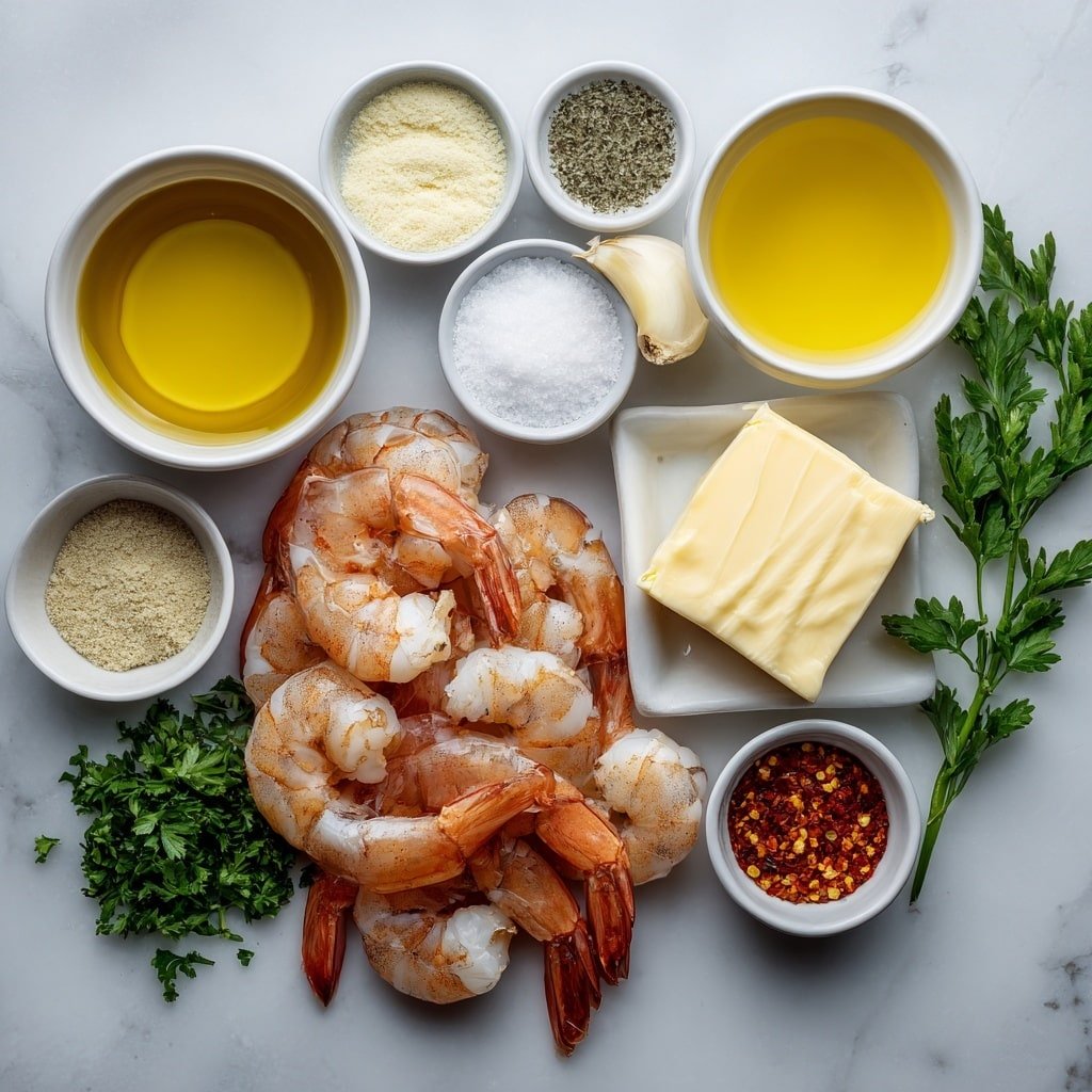 Flat lay of a pile of fresh large shrimp with tails on, a small white bowl of pale golden olive oil, a small white bowl of fine white salt, a small white bowl of ground black pepper, a small white bowl of light beige garlic powder, a small white bowl of light tan onion powder, a small white ceramic plate with a slab of unsalted butter, freshly peeled garlic cloves whole next to a small white bowl with minced garlic, a small white bowl containing bright yellow freshly squeezed lemon juice, a small white bowl with red pepper flakes, and a few sprigs of fresh green parsley arranged symmetrically and balanced, placed on a clean white marble surface, soft natural light, photo taken with an iPhone, professional food photography style, fresh ingredients, white ceramic bowls, no bottles, no duplicates, no utensils, no packaging --ar 1:1 --v 7 --p m7354639359234015250 — Air Fryer Garlic Butter Shrimp, garlic butter shrimp, quick shrimp recipes, easy seafood dinner, healthy shrimp ideas