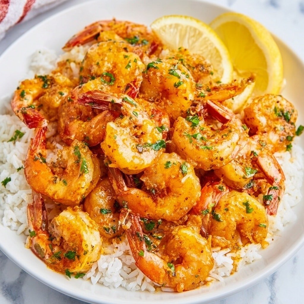 A white plate sits on a white marbled surface, filled with a bed of fluffy white rice as the bottom layer. On top, there are many cooked shrimp with a golden-orange color covered in a shiny, seasoned sauce. Scattered green herbs add a fresh touch on the shrimp. Two lemon wedges with bright yellow flesh rest on the edge of the plate. The photo is taken close-up showing the food's texture, with natural light highlighting the colors and details, photo taken with an iphone --ar 1:1 --v 7 — Air Fryer Garlic Butter Shrimp, garlic butter shrimp, quick shrimp recipes, easy seafood dinner, healthy shrimp ideas