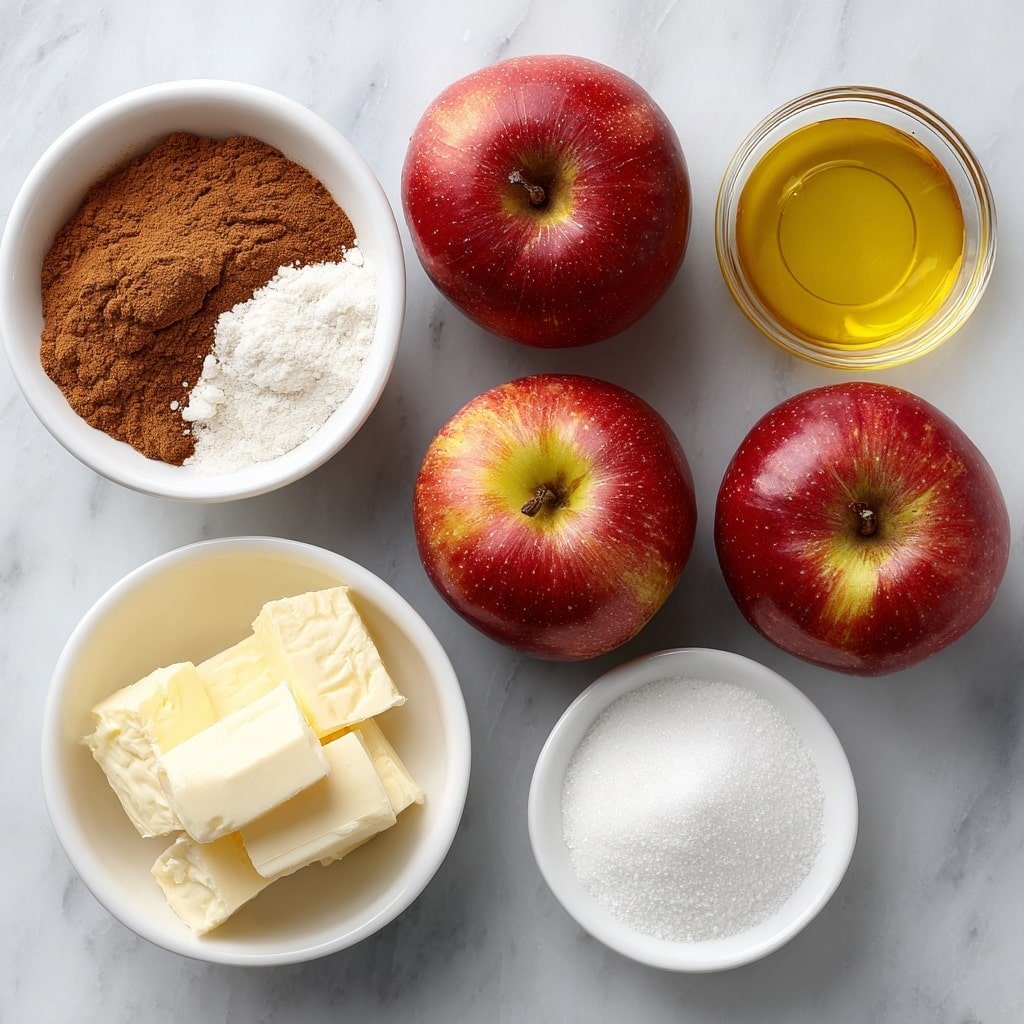 Flat lay of four fresh Gala apples with shiny red and yellow skin, a small white bowl of ground cinnamon with warm brown powder, a small white bowl containing clear golden canola oil, a small white bowl holding pale yellow melted butter, and a small white bowl of fine white granulated sugar, all perfectly arranged with balanced spacing in a symmetrical layout, placed on a clean white marble surface, soft natural light, photo taken with an iPhone, professional food photography style, fresh ingredients, white ceramic bowls, no bottles, no duplicates, no utensils, no packaging --ar 1:1 --v 7 --p m7354639359234015250 — Air Fryer Cinnamon Apples, Easy Air Fryer Apple Dessert, Fall Apple Recipes, Quick Healthy Apple Snack, Warm Cinnamon Apples