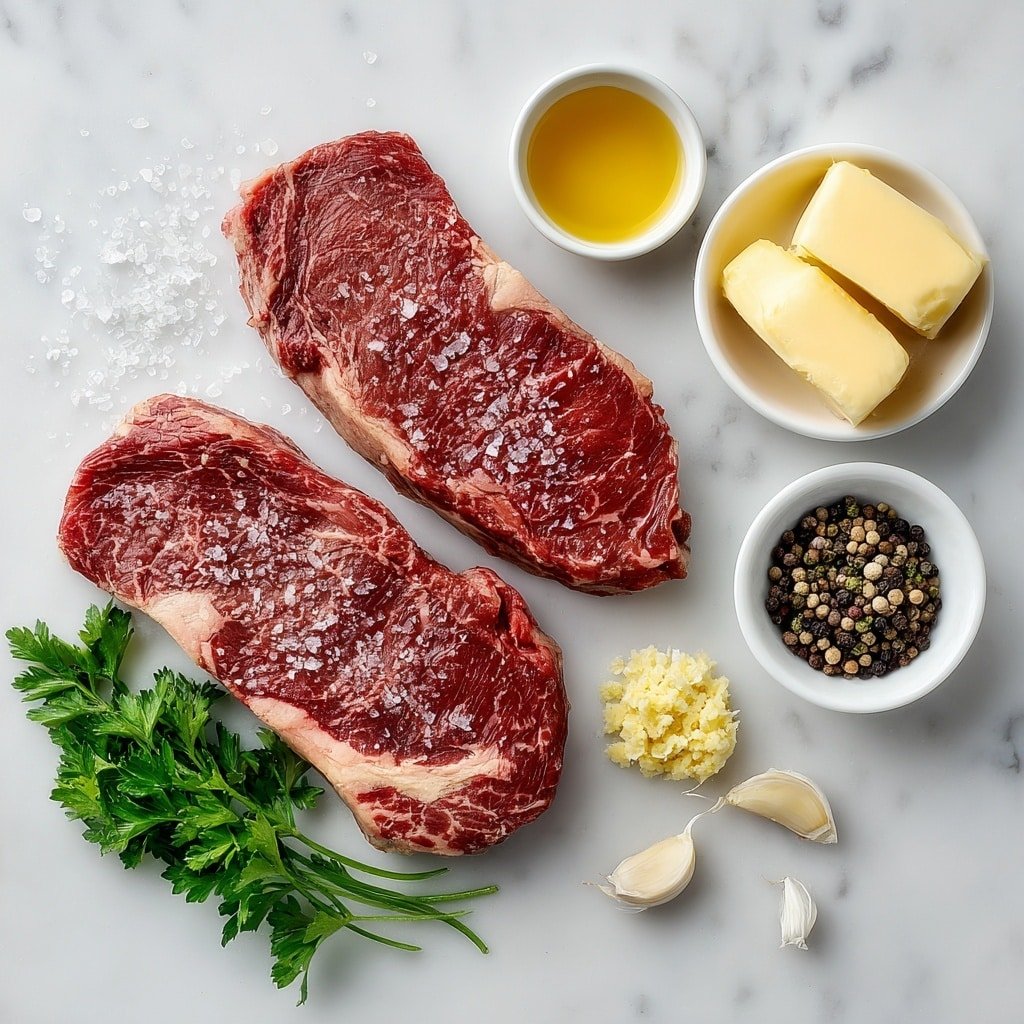 Flat lay of two thick striploin steaks with rich marbling, a small white bowl of golden canola oil, coarse sea salt crystals scattered artistically, whole black peppercorns, a small white bowl holding soft, room-temperature salted butter, a single peeled garlic clove beside a tiny heap of finely minced garlic, and a few sprigs of fresh, bright green parsley neatly arranged, all placed on a clean white marble surface, soft natural light, photo taken with an iPhone, professional food photography style, fresh ingredients, white ceramic bowls, no bottles, no duplicates, no utensils, no packaging --ar 1:1 --v 7 --p m7354639359234015250 — Air Fryer Steak with Garlic Butter, Air Fryer steak cooking tips, easy garlic butter steak recipe, tender steak in air fryer, quick garlic butter steak