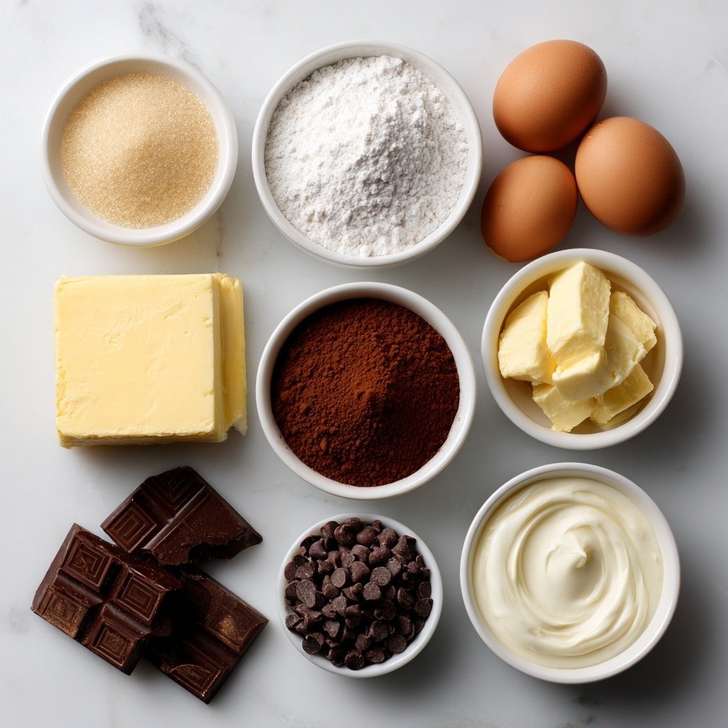 Flat lay of a small mound of granulated sugar, a soft block of unsalted butter, a small white bowl of pure vanilla extract, three whole large brown eggs with clean shells, a small heap of cake flour, a small pile of sifted dark brown cocoa powder, a scattering of baking soda crystals, a pinch of fine salt, a small mound of instant chocolate pudding powder, a small white bowl filled with creamy buttermilk, a mix of regular and mini semi-sweet chocolate chips, a small white bowl of water, a soft block of butter used for icing, a small white bowl of vanilla extract, a small pile of sifted baking cocoa for icing, a mound of sifted powdered sugar, and a small white bowl of heavy cream placed on a clean white marble surface, soft natural light, photo taken with an iPhone, professional food photography style, fresh ingredients, white ceramic bowls, no bottles, no duplicates, no utensils, no packaging --ar 1:1 --v 7 --p m7354639359234015250 — Brick Street Chocolate Cake, easy chocolate cake recipe, moist chocolate cake, rich chocolate cake, classic chocolate cake