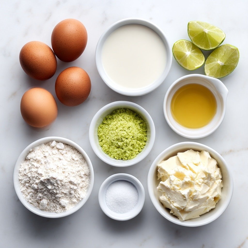 Flat lay of two whole brown eggs with clean shells, a small white ceramic bowl of fresh whole milk, a small white ceramic bowl of pale golden vegetable oil, a small white ceramic bowl filled with bright green freshly squeezed lime juice, a few pieces of fresh whole limes with vibrant green skin and some lime zest scattered beside them, a small white ceramic bowl containing green lime flavored gelatin powder, a small white ceramic bowl heaped with all-purpose flour, a small white ceramic bowl filled with granulated white sugar, a small white ceramic bowl of fine white baking powder, and a small white ceramic bowl with fine white salt, arranged in perfect symmetry placed on a clean white marble surface, soft natural light, photo taken with an iPhone, professional food photography style, fresh ingredients, white ceramic bowls, no bottles, no duplicates, no utensils, no packaging --ar 1:1 --v 7 --p m7354639359234015250 — Lime Cake with Tangy Lemon Frosting, citrus cake recipes, lime cake dessert, lemon frosting recipes, easy citrus cake
