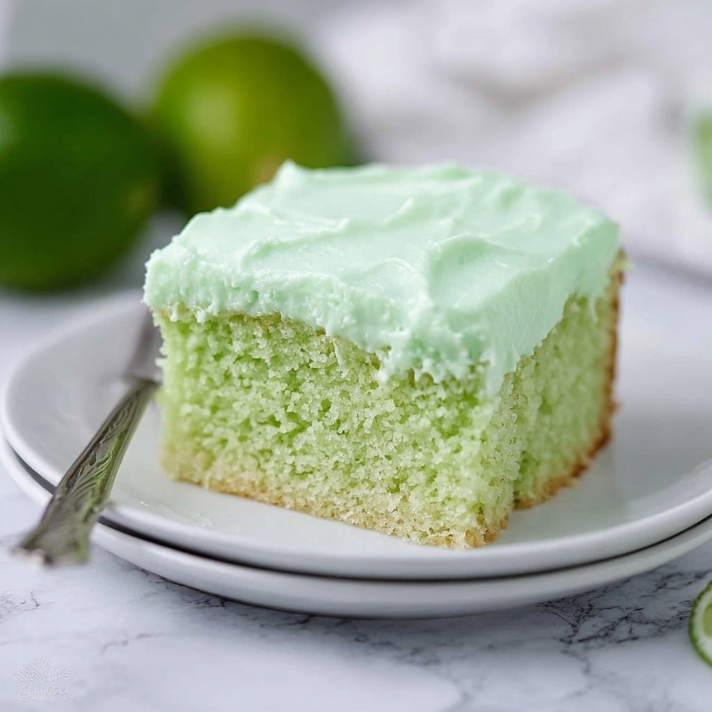 A single slice of light green cake with a soft, moist texture sits on a white plate. The cake has one layer topped with a thick, smooth pale green frosting that looks creamy and slightly glossy. A silver fork is gently pressing into the frosting from the right side, making small indentations. The setting is on a white marbled surface with blurred white plates and a green lime visible in the background. Photo taken with an iphone --ar 1:1 --v 7 — Lime Cake with Tangy Lemon Frosting, citrus cake recipes, lime cake dessert, lemon frosting recipes, easy citrus cake