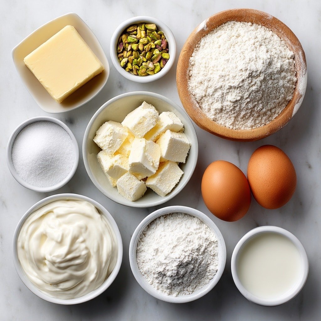 Flat lay of a small mound of all-purpose flour, two large whole brown eggs with clean shells, a thick square of unsalted butter, a pinch of coarse salt crystals, a small heap of white baking powder powder, a small pile of white granulated sugar, a small white bowl with pale green pistachio pudding powder, a small white bowl of 2% milk, a small white bowl of icing sugar, a small white bowl of 2% milk, and a small heap of chopped fresh pistachios, all arranged in perfect symmetry on a clean white ceramic surface, placed on a clean white marble surface, soft natural light, photo taken with an iPhone, professional food photography style, fresh ingredients, white ceramic bowls, no bottles, no duplicates, no utensils, no packaging --ar 1:1 --v 7 --p m7354639359234015250 — Pistachio Pudding Bread, Pistachio Bread Recipe, Easy Nutty Quick Bread, Moist Pistachio Loaf, Homemade Pistachio Dessert Bread