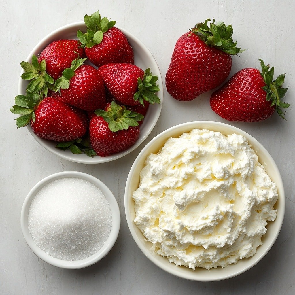 Flat lay of a small pile of fresh whole strawberries with green leaves, a small white ceramic bowl of fine granulated sugar, a larger white ceramic bowl filled with cold heavy cream, and a few extra whole strawberries arranged for topping, all perfectly spaced in balanced symmetry, placed on a clean white marble surface, soft natural light, photo taken with an iPhone, professional food photography style, fresh ingredients, white ceramic bowls, no bottles, no duplicates, no utensils, no packaging --ar 1:1 --v 7 --p m7354639359234015250 — Delicious Strawberry Mousse, strawberry mousse recipe, easy strawberry mousse, homemade strawberry mousse dessert, creamy strawberry mousse
