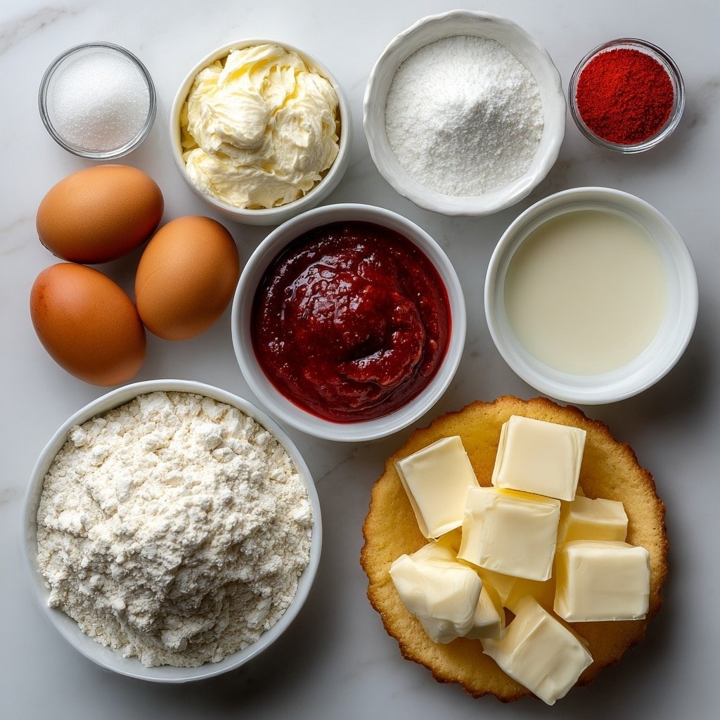 Flat lay of a small mound of fresh cream cheese with a smooth creamy surface, a few whole brown eggs with clean shells, a small white ceramic bowl of rich red strawberry puree, a small white ceramic bowl filled with fine white powdered sugar, a small white ceramic bowl of smooth sweetened condensed milk, a small white ceramic bowl holding soft pale yellow butter cubes, a neat pile of fine all-purpose flour, a small white ceramic bowl of vibrant red strawberry gelatin powder, and a round vanilla wafer crust with a golden-brown edge, all arranged with perfect symmetry on a clean white marble surface, soft natural light, photo taken with an iPhone, professional food photography style, fresh ingredients, white ceramic bowls, no bottles, no duplicates, no utensils, no packaging --ar 1:1 --v 7 --p m7354639359234015250 — Strawberry Shortcake Freezer Pie, easy summer dessert, no-bake strawberry pie, cool fruit pie recipes, how to make freezer pie