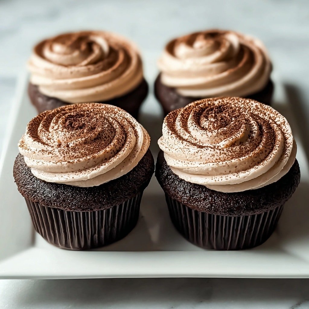 Four dark brown chocolate cupcakes sit closely together on a white square plate placed on a white marbled textured surface. Each cupcake has two layers: a rich, moist chocolate cake base, and a thick swirl of light brown creamy frosting on top, which is evenly dusted with a fine layer of dark cocoa powder that forms a circular pattern. The cupcakes are in dark brown paper liners that hug the cake tightly, and the frosting has a smooth, fluffy texture with soft peaks. The light coming from the side gently highlights the round shapes and textures of the frosting and cake. Photo taken with an iphone --ar 1:1 --v 7 — Decadent Chocolate Tiramisu Cupcakes, Chocolate Tiramisu Cupcakes, Easy Chocolate Cupcakes, Coffee-flavored Cupcake Recipe, Fancy dessert for gatherings