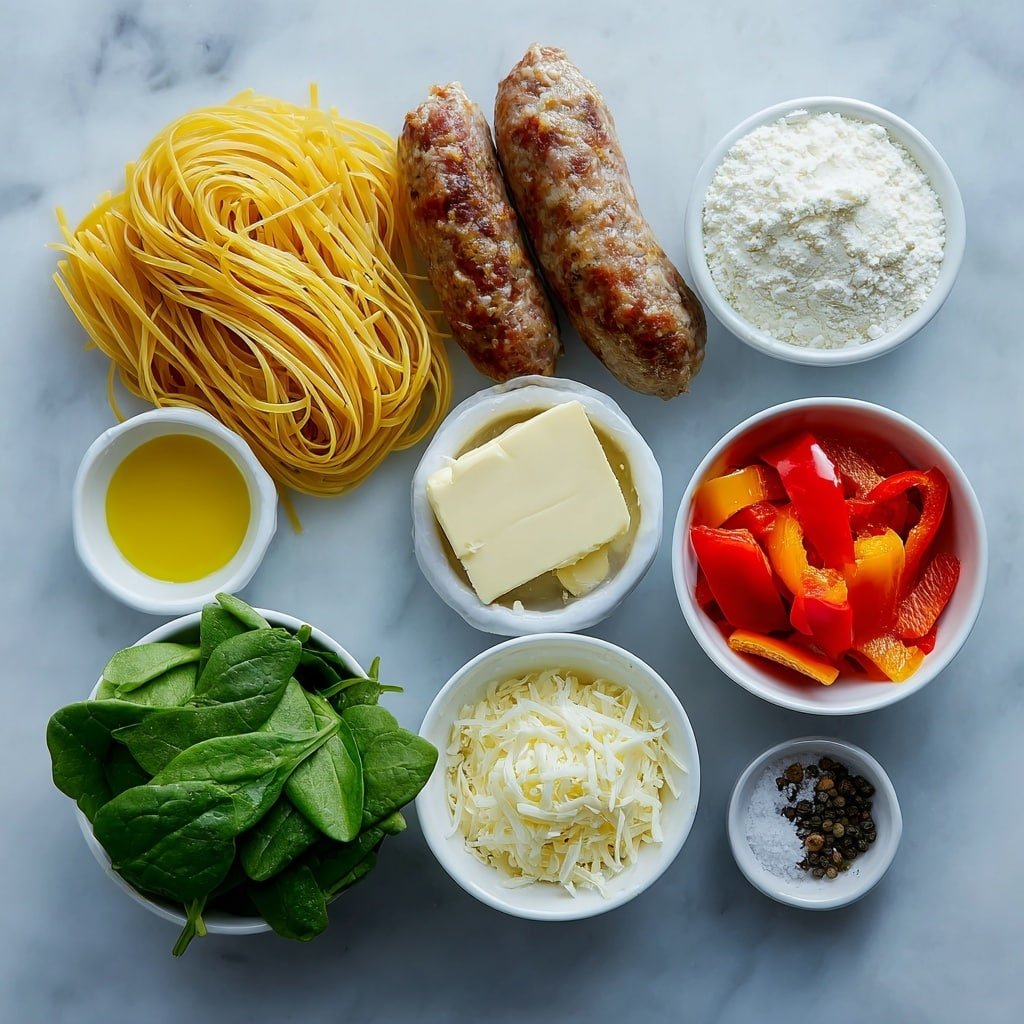 Flat lay of uncooked bucatini pasta arranged in a neat bundle, a raw Italian sausage link, a small white bowl of golden olive oil, half a medium onion diced with visible layers, a chopped medium red bell pepper with bright glossy pieces, a chopped medium yellow bell pepper showing vibrant yellow chunks, a small pat of creamy butter on a white ceramic dish, a few peeled garlic cloves beside minced garlic in a small white bowl, a small white bowl containing fine white flour, a small white bowl filled with thick heavy cream, a small white bowl with smooth yellow Dijon mustard, a handful of fresh baby spinach leaves neatly piled, a small mound of coarse salt crystals, a small pile of cracked black peppercorns, and a small heap of freshly grated parmesan cheese on a white ceramic plate, all placed on a clean white marble surface, soft natural light, photo taken with an iPhone, professional food photography style, fresh ingredients, white ceramic bowls, no bottles, no duplicates, no utensils, no packaging --ar 1:1 --v 7 --p m7354639359234015250 — Creamy Sausage Pasta with Peppers, sausage pasta recipes, creamy pasta with sausage and peppers, easy sausage pasta dish, comforting pasta dinner