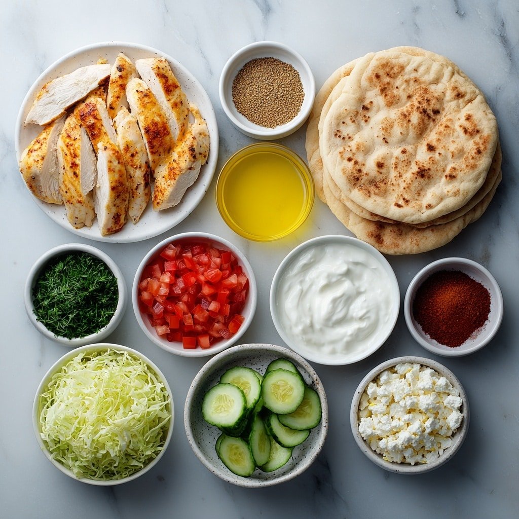 Flat lay of boneless, skinless chicken breasts cut into strips arranged neatly, a small white bowl of golden olive oil, a small white bowl of smoked paprika powder, a small white bowl holding garlic powder, a small white bowl with onion powder, a small white bowl filled with cumin seeds, whole wheat pita breads stacked in a simple pile, shredded green and purple cabbage in a small white bowl, a small white bowl containing chopped fresh parsley, another small white bowl with chopped fresh cilantro, a small white bowl filled with chopped fresh dill, a small white bowl of thick white Greek yogurt, a small white bowl with bright yellow lemon juice, a small white bowl holding amber apple cider vinegar, a small white bowl of sliced cucumbers, a small white bowl of diced red tomatoes, and a small white bowl with crumbled white feta cheese, all ingredients fresh and natural, arranged symmetrically on a clean white marble surface, soft natural light, photo taken with an iPhone, professional food photography style, fresh ingredients, white ceramic bowls, no bottles, no duplicates, no utensils, no packaging --ar 1:1 --v 7 --p m7354639359234015250 — Sheet Pan Chicken Pitas with Herb Ranch Slaw, chicken pita sandwiches, easy weeknight dinner ideas, healthy chicken pita recipes, delicious chicken slaw wraps
