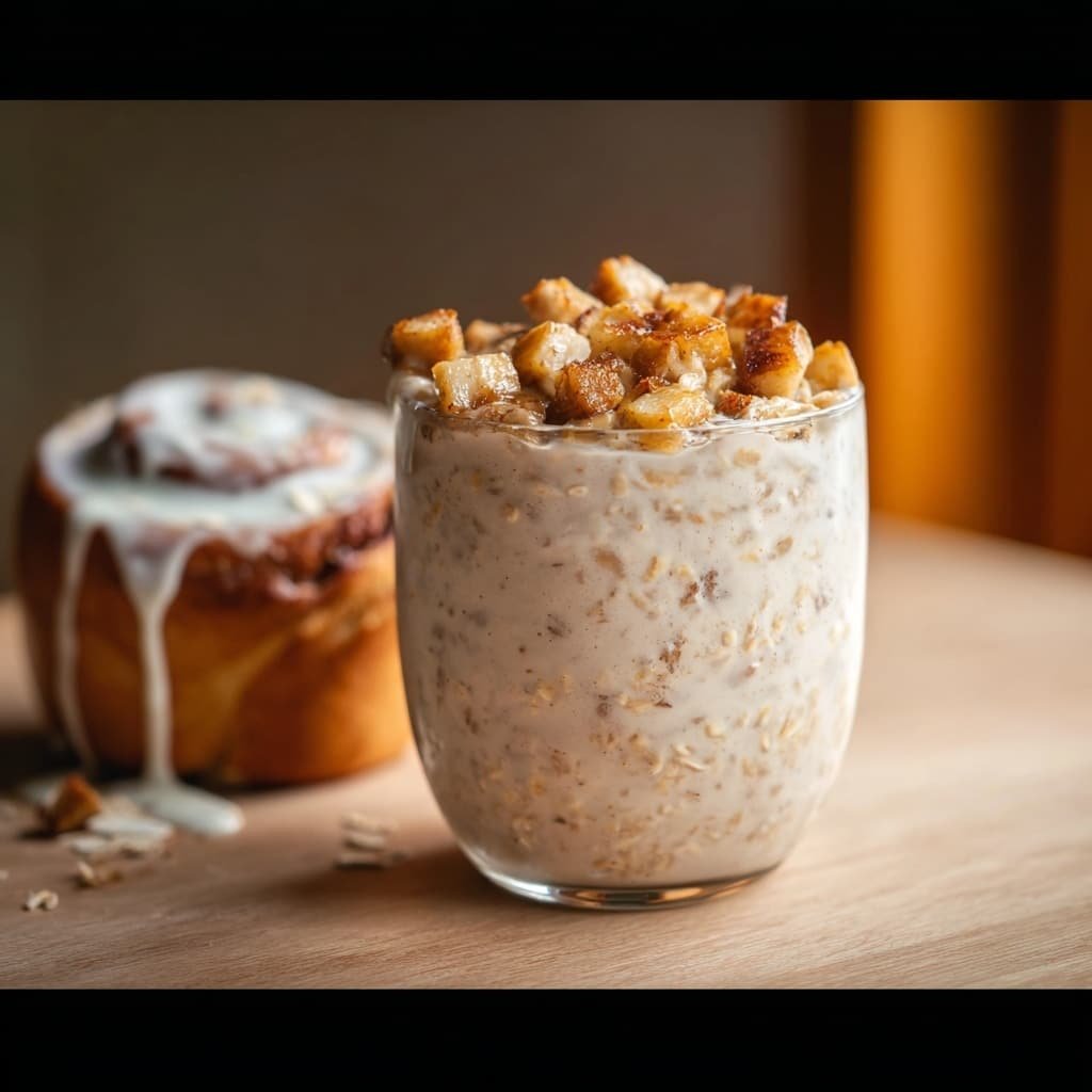 A clear glass filled mostly with a creamy oatmeal mix that has visible small oat grains and soft brown specks showing through the light beige color. On top, there is a layer of golden brown, chunky pieces of what looks like cooked apple or cinnamon rolls, adding a rough texture contrast to the smooth oatmeal. Next to the glass on the right is a round cinnamon roll covered in white glaze that drips down the sides, sitting on a light wooden surface with a white marbled texture background softly blurred beyond. photo taken with an iphone --ar 1:1 --v 7 — Cinnamon Roll Overnight Oats, healthy overnight oats, easy breakfast ideas, cinnamon breakfast recipes, quick breakfast oats