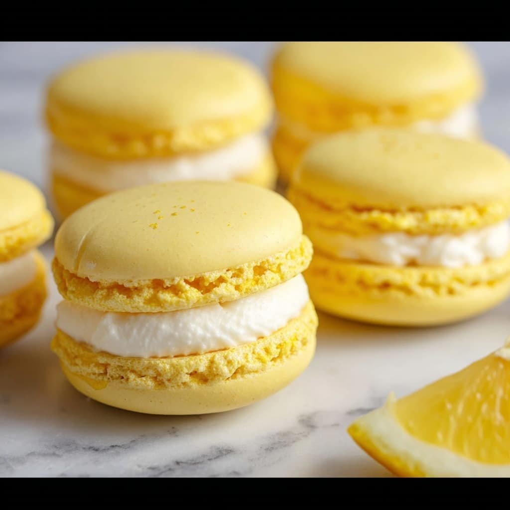 A close-up view of five yellow macarons placed on a white marbled surface, each consisting of two smooth, round, light yellow shells with a rough edge texture. Between the shells, there is one layer of white cream filling that looks smooth and slightly swirled. The macarons have a soft and delicate texture with small air holes visible on the shell edges. A lemon wedge is partially visible at the bottom right, adding a fresh, bright touch to the scene. Photo taken with an iphone --ar 1:1 --v 7 — Lemon Macarons, how to make lemon macarons, homemade lemon macarons, lemon macarons recipe step by step, easy lemon macaron filling