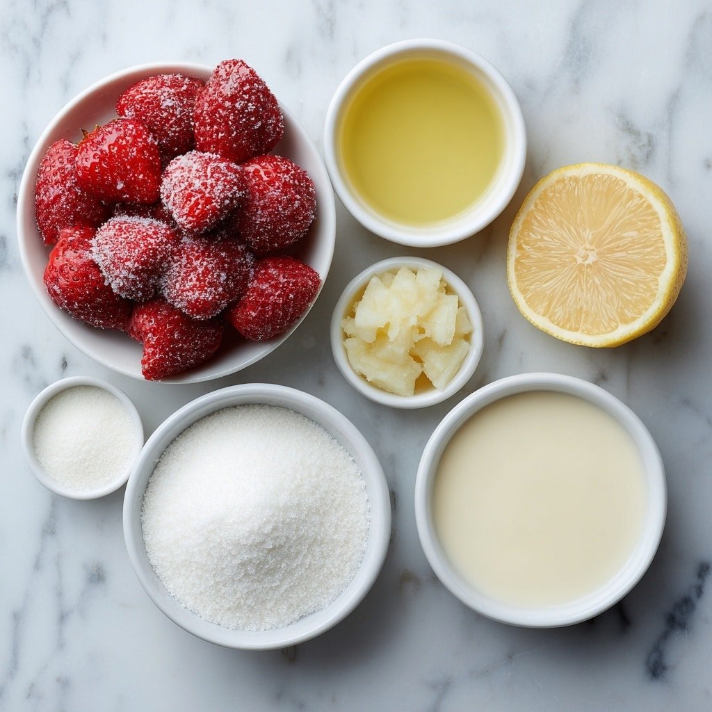 Flat lay of a small mound of frozen whole strawberries with a frosty appearance, a small white bowl of golden pineapple juice, a small white bowl of smooth creamy coconut milk, a small white bowl filled with fine white powdered sugar, and a small white bowl holding fresh pale yellow lemon juice, all arranged symmetrically and balanced, placed on a clean white marble surface, soft natural light, photo taken with an iPhone, professional food photography style, fresh ingredients, white ceramic bowls, no bottles, no duplicates, no utensils, no packaging --ar 1:1 --v 7 --p m7354639359234015250 — Strawberry Pineapple Dole Whip, tropical fruit dessert, dairy-free frozen treat, healthy summer dessert, easy fruit-based dessert