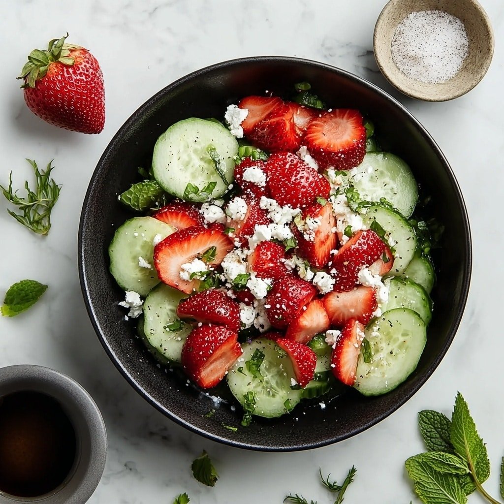 A black bowl sits on a white marbled surface filled with a fresh salad made of two main layers: the bottom layer has round cucumber slices, pale green with darker green edges and a smooth, moist texture; the top layer has halved strawberries, bright red with small seeds and green leaves still attached, scattered evenly over the cucumbers. Small dots of white soft cheese are sprinkled thickly on top, along with a few green herb leaves adding contrast. Around the bowl are scattered herbs, a single whole strawberry, a small beige bowl of salt, and a small gray bowl with a dark sauce. photo taken with an iphone --ar 1:1 --v 7 — Refreshing Cucumber Strawberry Salad, cucumber strawberry salad, summer fruit salad, healthy fruit salad, easy fruit salad recipe
