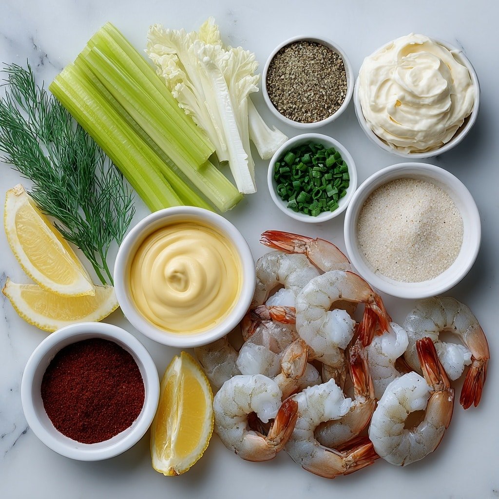 Flat lay of a pile of large cooked shrimp with shells removed, a small white bowl of creamy mayonnaise, two crisp celery stalks finely diced in a white ceramic bowl, a small white bowl with fresh lemon juice, a dollop of smooth Dijon mustard in a white bowl, a white bowl holding garlic powder, another with paprika powder, a small pile of salt crystals in a white bowl, freshly ground black pepper in a white bowl, chopped fresh chives arranged neatly in a white bowl, a few sprigs of fresh dill, and a couple of lemon wedges artfully placed, all arranged with perfect symmetry on a clean white marble surface, soft natural light, photo taken with an iPhone, professional food photography style, fresh ingredients, white ceramic bowls, no bottles, no duplicates, no utensils, no packaging --ar 1:1 --v 7 --p m7354639359234015250 — Shrimp Salad without Recipe, Lemon and Herbs Shrimp Salad, Easy Shrimp Salad, Creamy Shrimp Salad, Fresh Seafood Salad